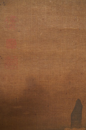 Ecole chinoise, sign&eacute; Yuanbian Xiang (1525-1590), encre et couleurs sur soie: 'Paysage d'apr&egrave;s Zhao Boju'