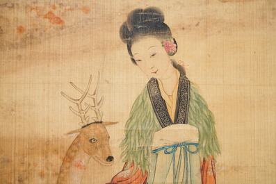 Ecole chinoise, encre et couleurs sur soie, Qing: 'Magu et cerf'