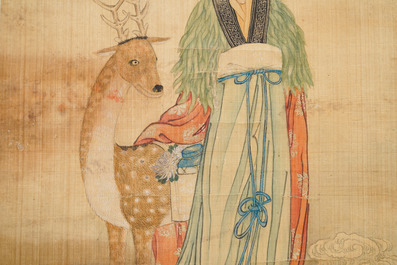 Ecole chinoise, encre et couleurs sur soie, Qing: 'Magu et cerf'