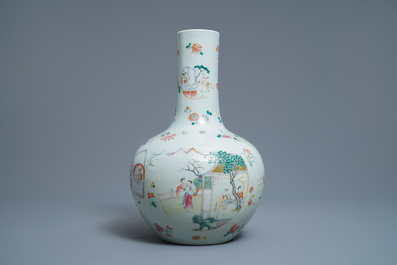 A Chinese famille rose vase with figurative medallions, Qianlong mark, 19th C.
