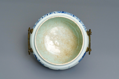 A Chinese blue and white bronze-mounted bowl, Kangxi