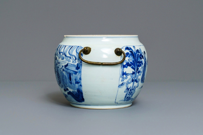 A Chinese blue and white bronze-mounted bowl, Kangxi