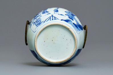 A Chinese blue and white bronze-mounted bowl, Kangxi