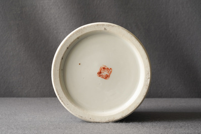 A Chinese qianjiang cai brush pot with fishermen, signed Tan Yin Jie, dated 1875-1884