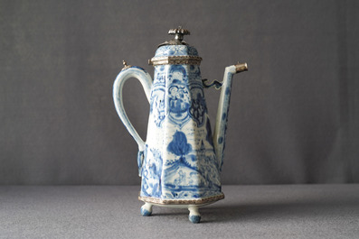 A Chinese blue and white 'Europa and the bull' silver-mounted coffee pot, Kangxi