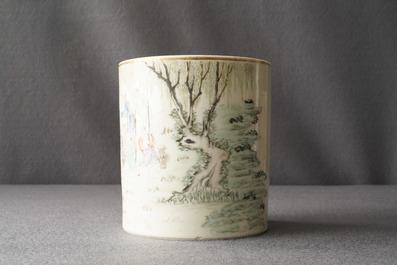 A Chinese qianjiang cai brush pot with fishermen, signed Tan Yin Jie, dated 1875-1884
