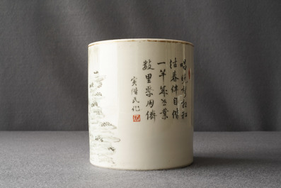 A Chinese qianjiang cai brush pot with fishermen, signed Tan Yin Jie, dated 1875-1884