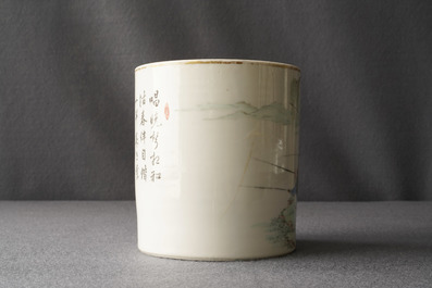 A Chinese qianjiang cai brush pot with fishermen, signed Tan Yin Jie, dated 1875-1884