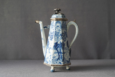 A Chinese blue and white 'Europa and the bull' silver-mounted coffee pot, Kangxi