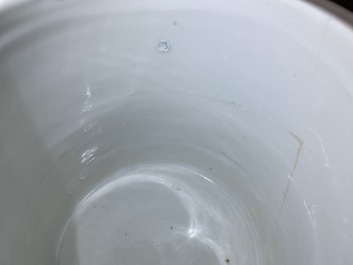 A Chinese qianjiang cai brush pot with fishermen, signed Tan Yin Jie, dated 1875-1884