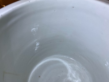 A Chinese qianjiang cai brush pot with fishermen, signed Tan Yin Jie, dated 1875-1884