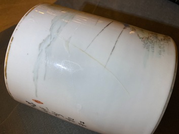 A Chinese qianjiang cai brush pot with fishermen, signed Tan Yin Jie, dated 1875-1884