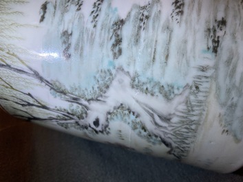 A Chinese qianjiang cai brush pot with fishermen, signed Tan Yin Jie, dated 1875-1884