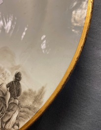 A Chinese grisaille 'Return from the hunt' dish with a coat of arms on the back, Qianlong