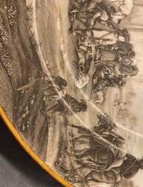 A Chinese grisaille 'Return from the hunt' dish with a coat of arms on the back, Qianlong