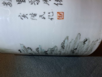 A Chinese qianjiang cai brush pot with fishermen, signed Tan Yin Jie, dated 1875-1884