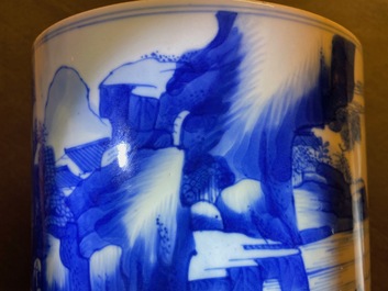 A Chinese blue and white 'landscape' brush pot, bitong, Kangxi