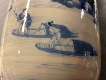 A Chinese blue and white rouleau vase with figures in a landscape, Kangxi