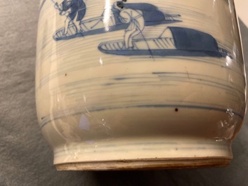 A Chinese blue and white rouleau vase with figures in a landscape, Kangxi