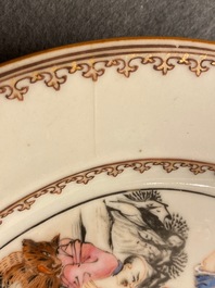 Seven Chinese famille rose plates with Luohan near a tiger, Qianlong