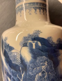 A Chinese blue and white rouleau vase with figures in a landscape, Kangxi