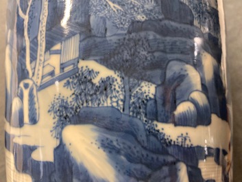 A Chinese blue and white rouleau vase with figures in a landscape, Kangxi