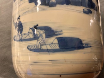 A Chinese blue and white rouleau vase with figures in a landscape, Kangxi