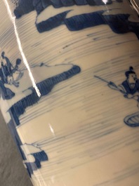 A Chinese blue and white rouleau vase with figures in a landscape, Kangxi