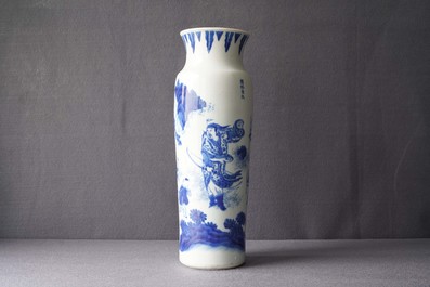 A Chinese blue and white sleeve vase depicting the legendary Zhang Xian, Transitional period