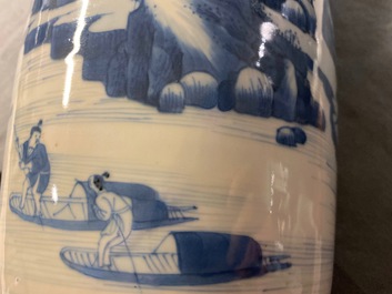 A Chinese blue and white rouleau vase with figures in a landscape, Kangxi
