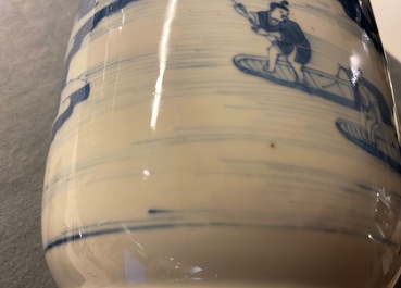 A Chinese blue and white rouleau vase with figures in a landscape, Kangxi