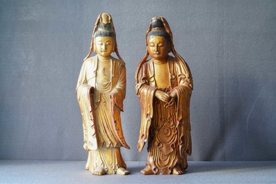 Deux grandes figures de Guanyin en bois dor&eacute; et laqu&eacute;, Chine, 18/19&egrave;me