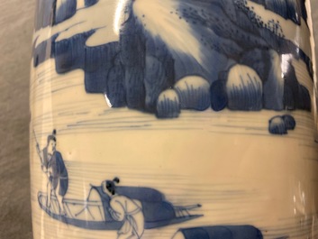 A Chinese blue and white rouleau vase with figures in a landscape, Kangxi