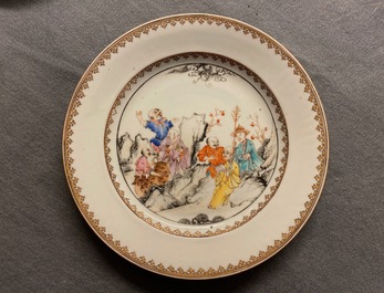 Seven Chinese famille rose plates with Luohan near a tiger, Qianlong