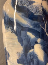 A Chinese blue and white rouleau vase with figures in a landscape, Kangxi