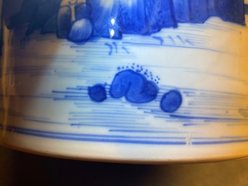 A Chinese blue and white 'landscape' brush pot, bitong, Kangxi