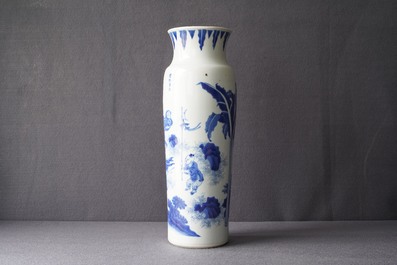 A Chinese blue and white sleeve vase depicting the legendary Zhang Xian, Transitional period