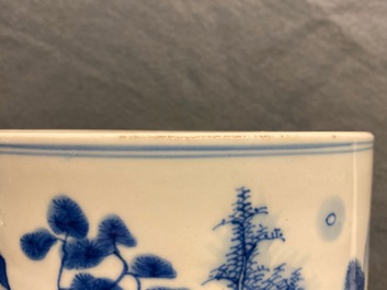 A Chinese blue and white 'landscape' brush pot, bitong, Kangxi