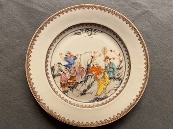 Seven Chinese famille rose plates with Luohan near a tiger, Qianlong