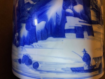 A Chinese blue and white 'landscape' brush pot, bitong, Kangxi