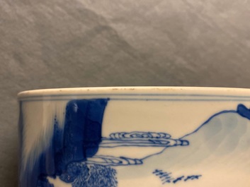 A Chinese blue and white 'landscape' brush pot, bitong, Kangxi