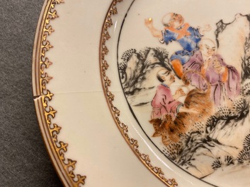 Seven Chinese famille rose plates with Luohan near a tiger, Qianlong
