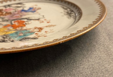 Seven Chinese famille rose plates with Luohan near a tiger, Qianlong