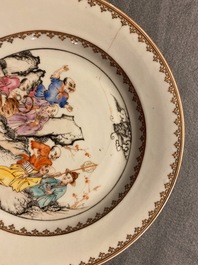 Seven Chinese famille rose plates with Luohan near a tiger, Qianlong