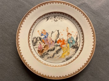 Seven Chinese famille rose plates with Luohan near a tiger, Qianlong