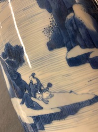 A Chinese blue and white rouleau vase with figures in a landscape, Kangxi