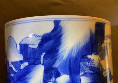 A Chinese blue and white 'landscape' brush pot, bitong, Kangxi