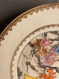 Seven Chinese famille rose plates with Luohan near a tiger, Qianlong