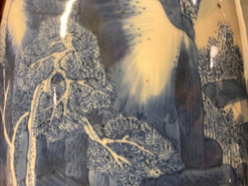 A Chinese blue and white rouleau vase with figures in a landscape, Kangxi