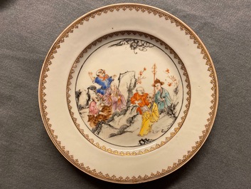 Seven Chinese famille rose plates with Luohan near a tiger, Qianlong